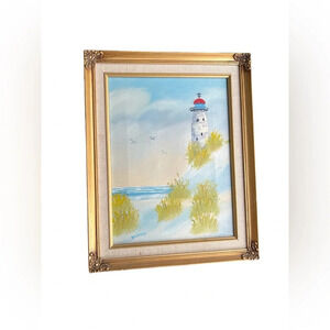 Vintage gold framed lighthouse canvas painted framed wall art